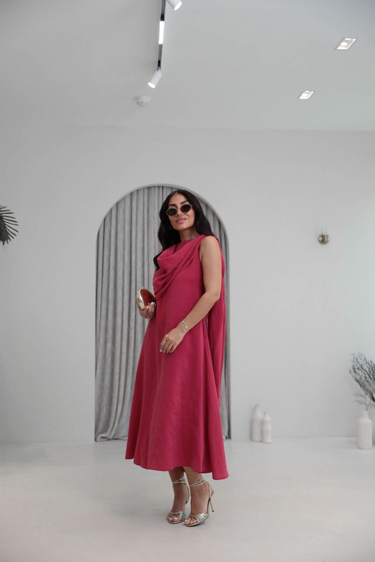 3419 Şal Detaylı Tencel Kumaş Sıfır Kol Elbise FUŞYA