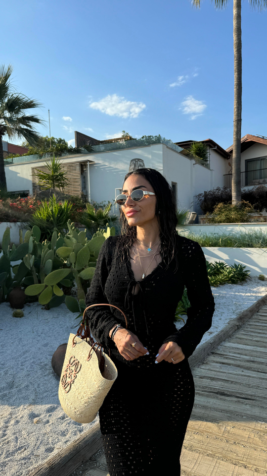5246 Ajurlu V Yaka Beach Elbise SİYAH