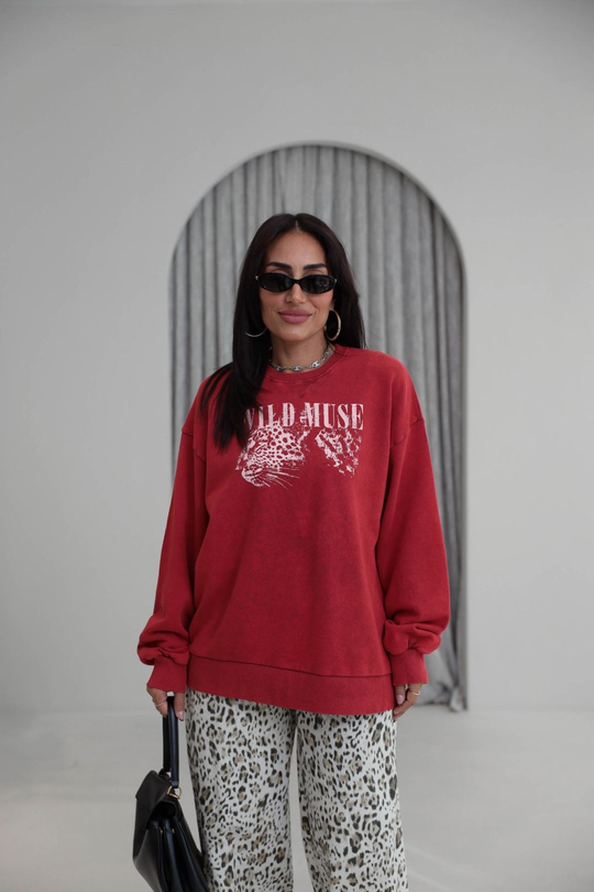 9106 Kaplan Baskılı Ribanalı İki İplik Sweatshirt KIRMIZI