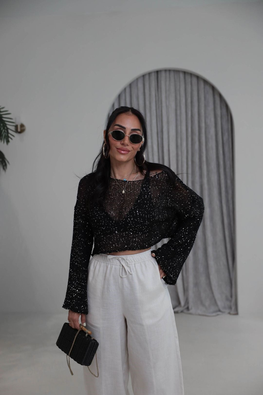 2765 Pul Payet Crop Bluz SİYAH