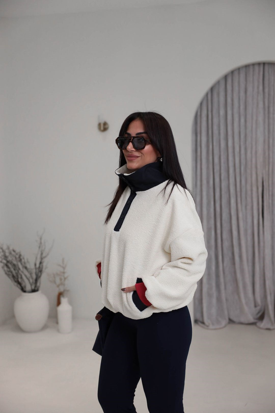4241 Paraşüt Garnili Cepli Teddy Peluş Sweatshirt BEJ
