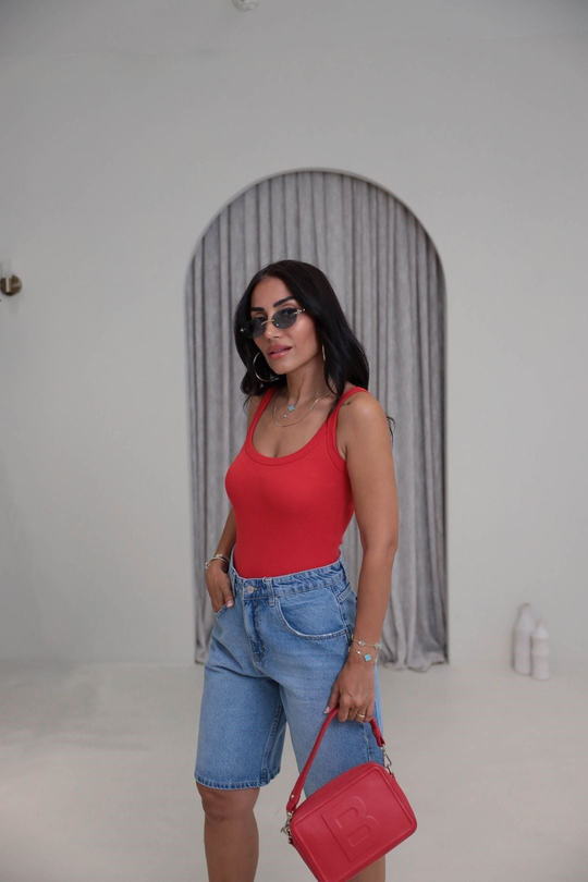 1053 Askılı Pamuklu Bodysuit KIRMIZI
