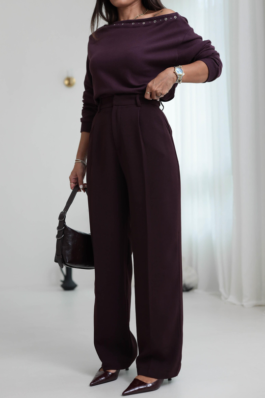 1024 Pile Detaylı Kumaş Pantolon MÜRDÜM