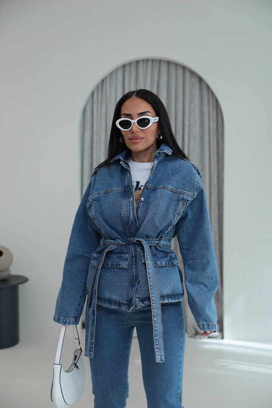 0568 Apoletli Kuşaklı Denim Ceket MAVİ