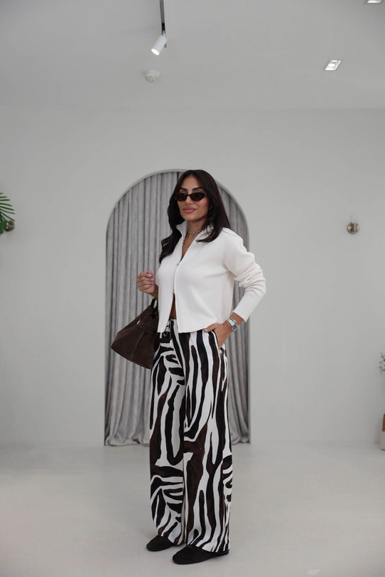 9177 Zebra Desen Saten Kumaş Bel Lastikli Pantolon SİYAHBEYAZ