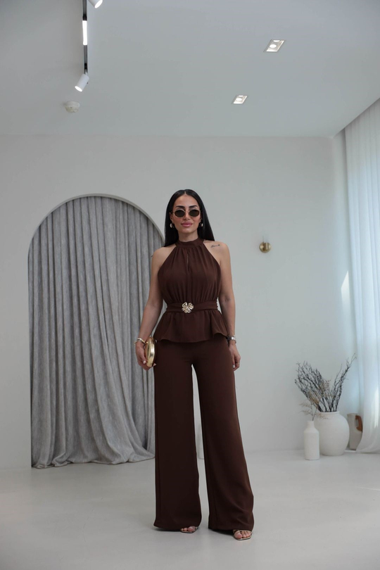 3944 Broş Detaylı Halter Yaka Tulum KAHVE
