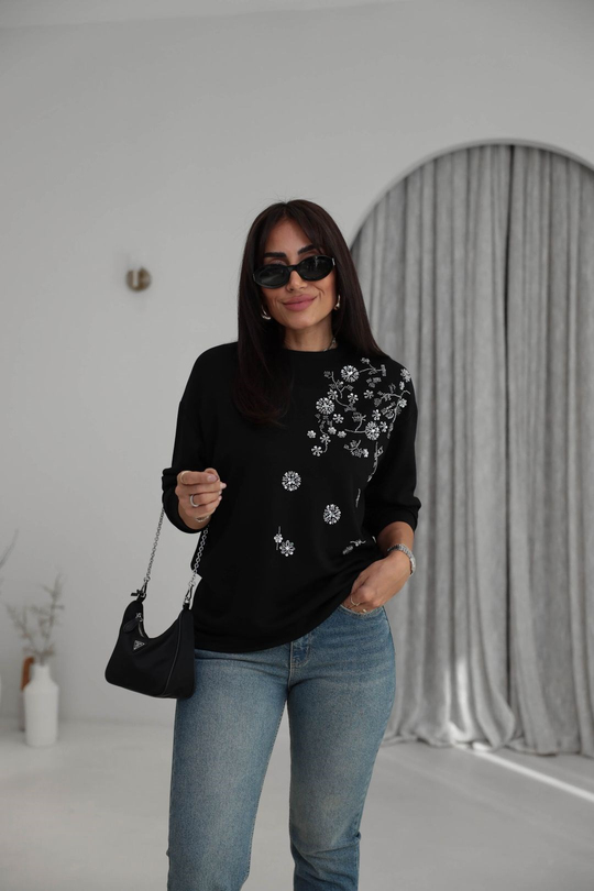 Bisiklet Yaka Pul ve Boncuk İşlemeli Orj Sweatshirt SİYAH