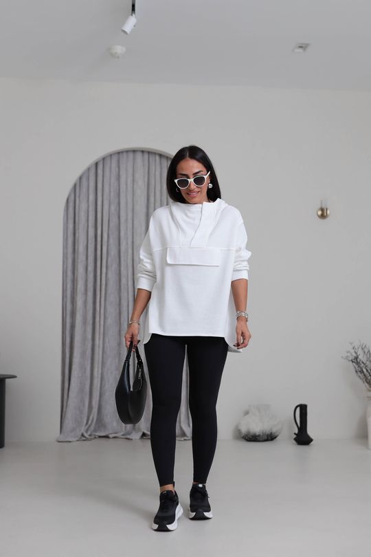 1750 Yaka Detay Selanik Kapşonlu Sweatshirt BEYAZ