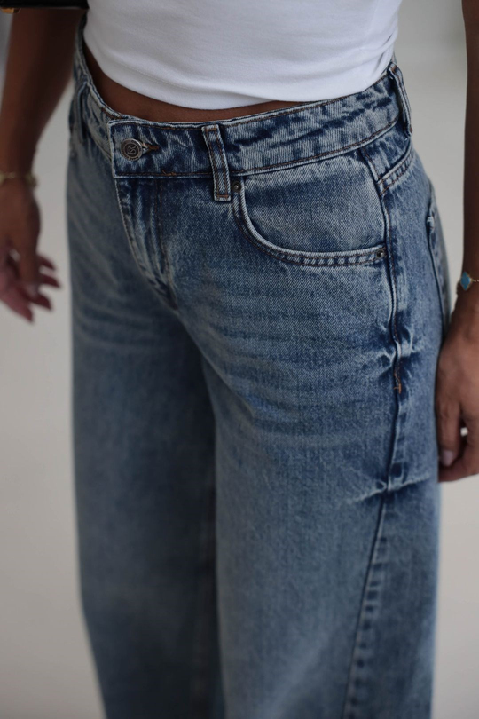 1020 Dikiş Detaylı Wide Leg Denim Pantolon AÇIK MAVİ