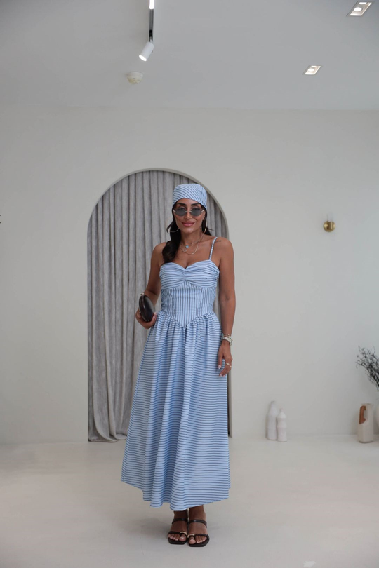 4058 Çizgili Bandana Detaylı Elbise MAVİ