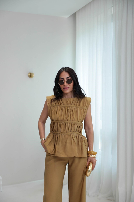 0483 Kat Kat Dikiş Detaylı Tencel Takım OLİVE