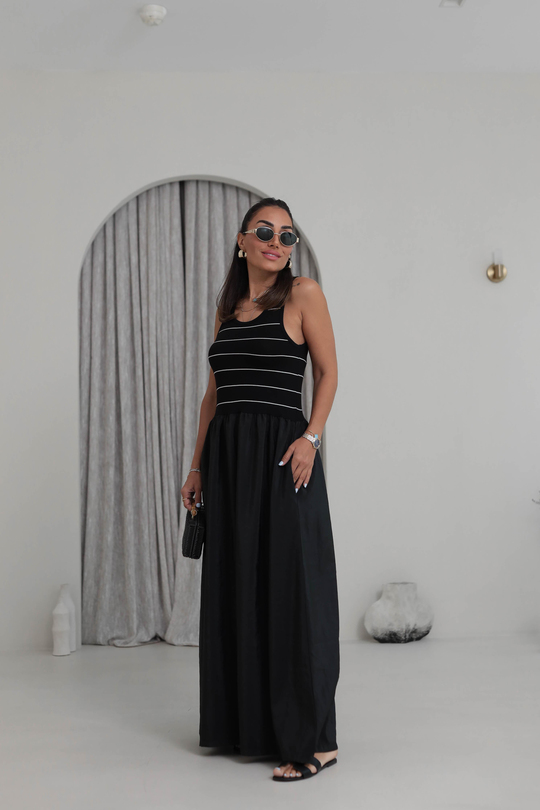 6465 Halter Yaka Çizgili Eteği Ayrobin Kumaş Elbise SİYAH