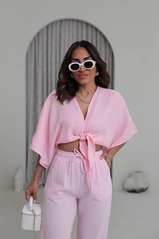 4729 Müslin Kumaş Bağlama Detay Bluz PEMBE