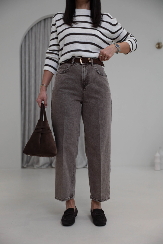 3010 Süet Kemerli Mom Jean YIKAMALI KAHVE