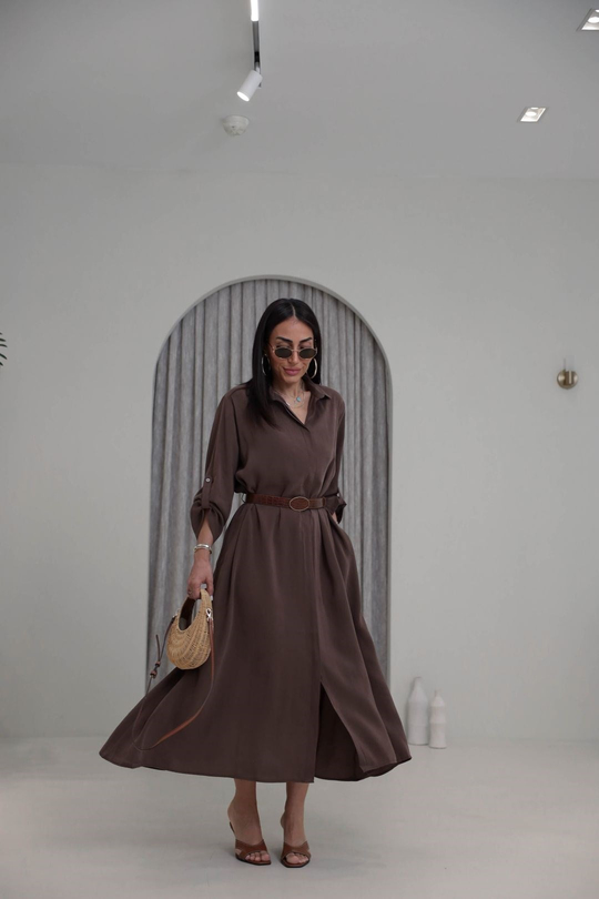 3270 Kemer Detaylı Tencel Kumaş Gömlek Elbise KAHVE