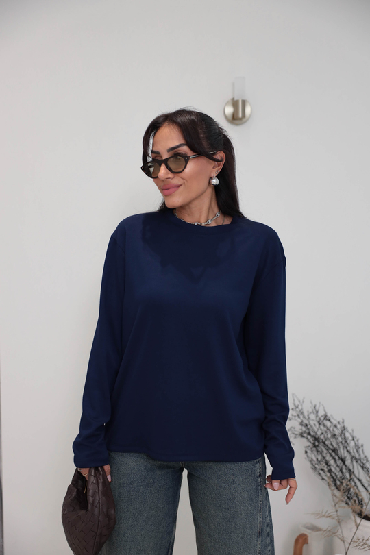 1448 Bisiklet Yaka uzun Kollu Oversize Tshirt LACİVERT