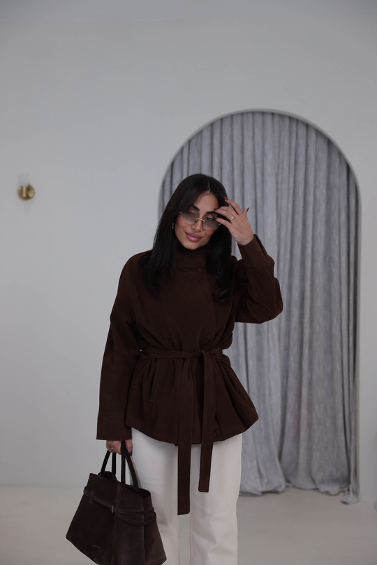 9427 Dik Yaka Süet Kuşaklı Ceket KAHVE