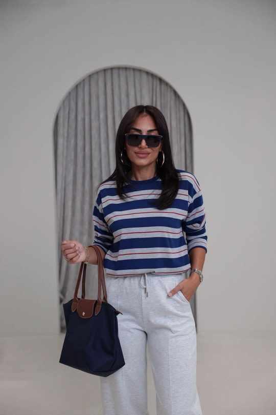 6357 Çizgi Detaylı Yumuşak Kumaş Sweatshirt LACİVERT
