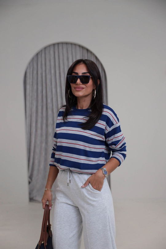 6357 Çizgi Detaylı Yumuşak Kumaş Sweatshirt LACİVERT