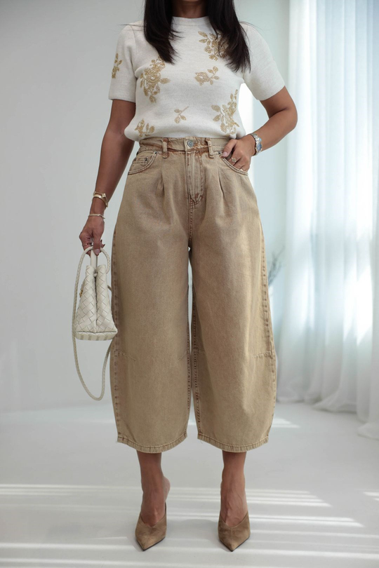 0107 Bel Lastikli Yüksek Bel Rahat Kesim Denim Pantolon CAMEL