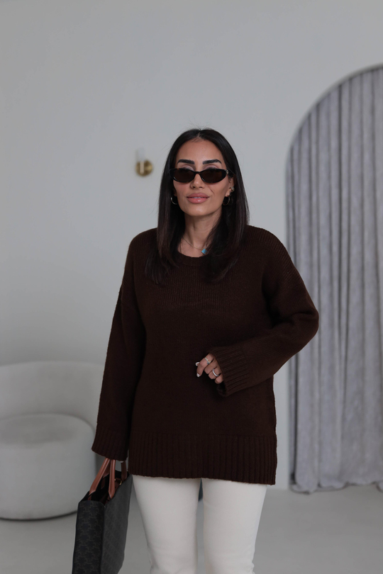 0100 Bisiklet Yaka Oversize Düz Kazak KAHVE