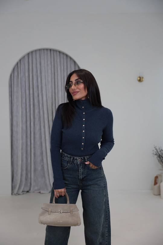 0686Y Çıtçıtlı Dik Yaka Triko Kazak Indigo