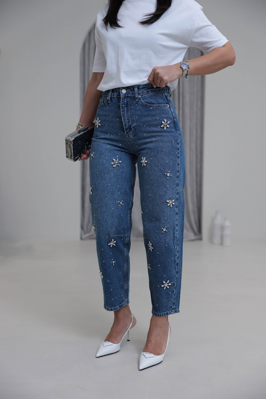 1015 Motif Taşlı Bol Kalıp Jean Pantolon MAVİ