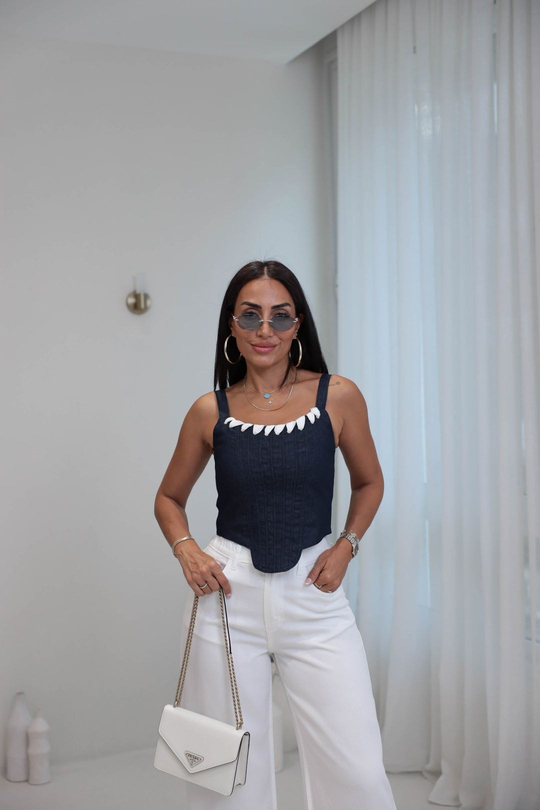 8542 Kuş Gözü Garnili korse Crop LACİVERT