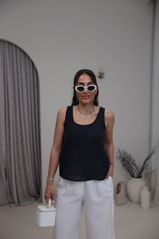 8241 Kalın Askılı Serpme Taşlı Tencel Atlet LACİVERT