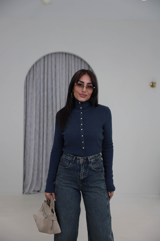 0686Y Çıtçıtlı Dik Yaka Triko Kazak Indigo