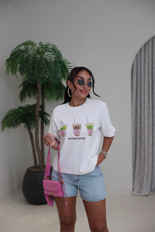 8524 Dijital Baskılı Taşlı Tshirt EKRU
