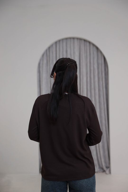 1448 Bisiklet Yaka uzun Kollu Oversize Tshirt KAHVE