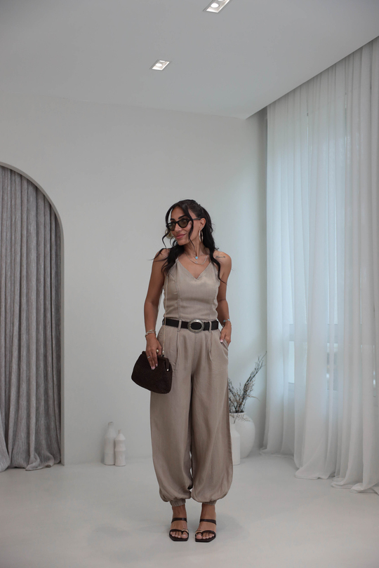 2330 Boyundan Bağlamalı Tencel Tulum KOYU BEJ