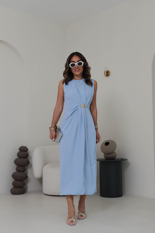 3718 Gold Broşlu Kolsuz Midi Elbise BEBE MAVİ