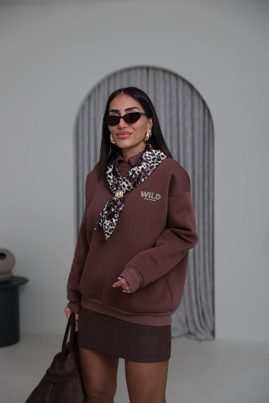 0613 Polo Yaka Fular Detaylı Şardonlu Sweatshirt KAHVE