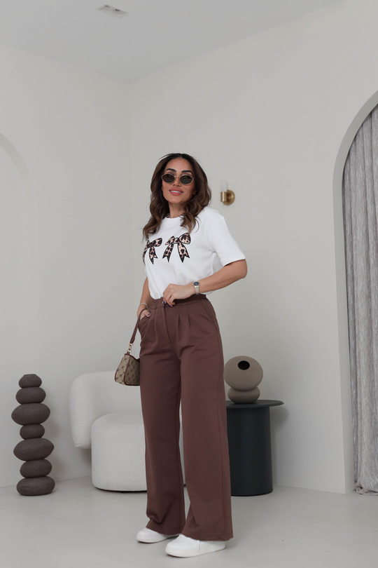 3197 Leopar Kurdele detaylı Tshirt EKRU