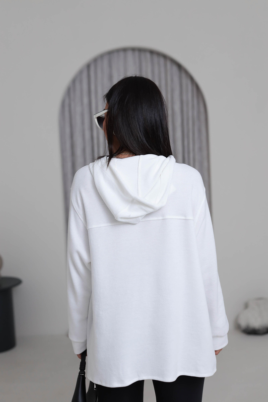 1750 Yaka Detay Selanik Kapşonlu Sweatshirt BEYAZ