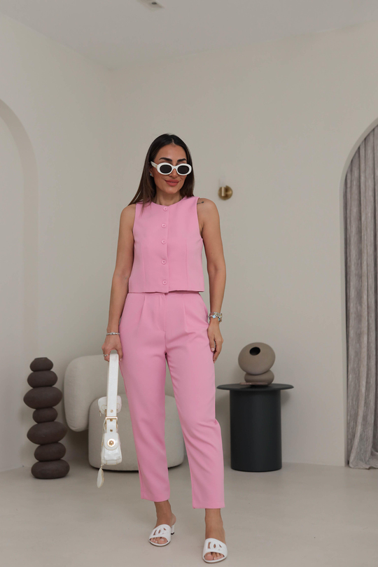1154 Pensli Bel Lastikli Havuç Pantolon PEMBE