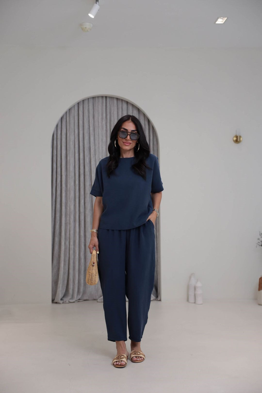 1601 Sırtı Düğme Detaylı Tencel Kumaş Takım Indigo