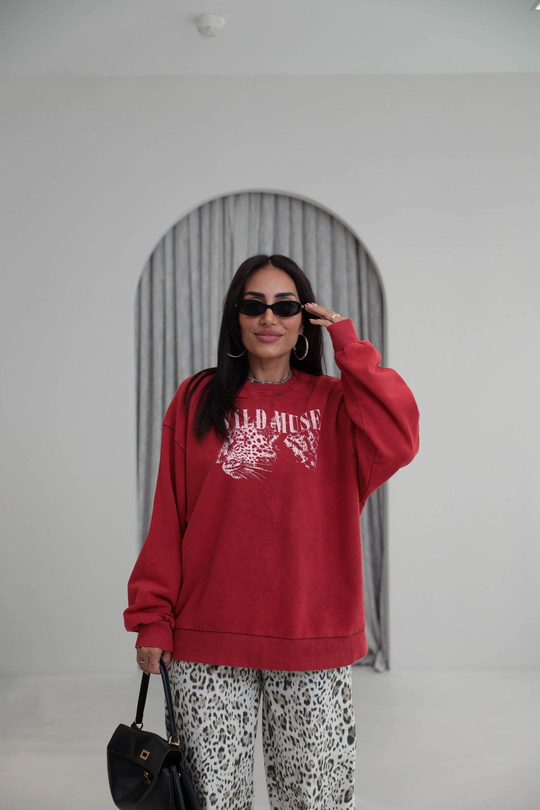 9106 Kaplan Baskılı Ribanalı İki İplik Sweatshirt KIRMIZI