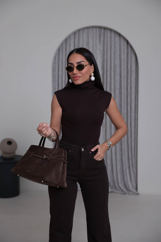 1020 Balıkçı Yaka Sıfır Kol Çıtçıtlı Bodysuit ACI KAHVE