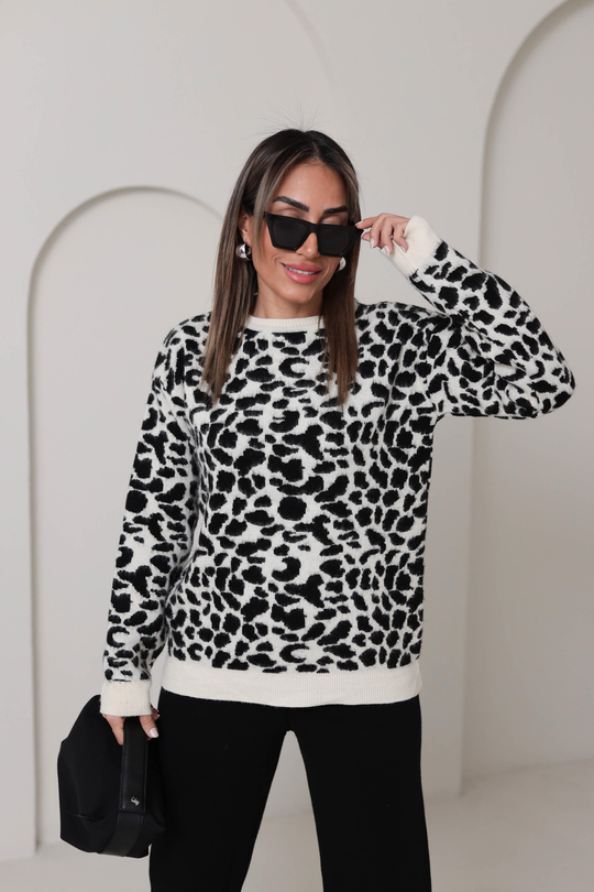 5216 Bisiklet Yaka Leopar Desen Triko EKRU