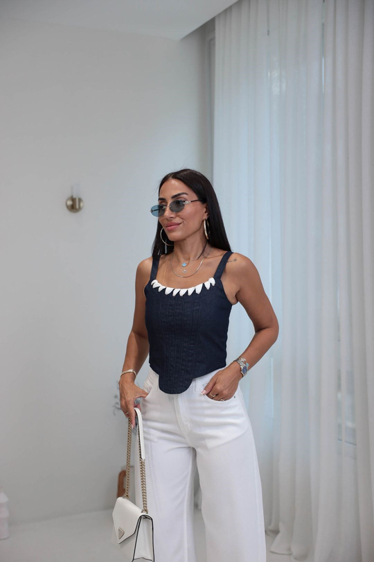 8542 Kuş Gözü Garnili korse Crop LACİVERT