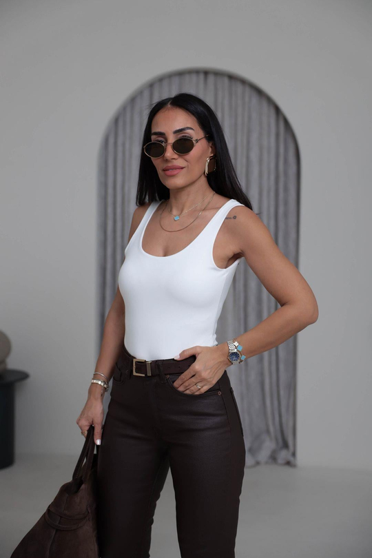 1028 Sırt Dekolteli Kalın Askılı Çıtçıtlı Bodysuit EKRU