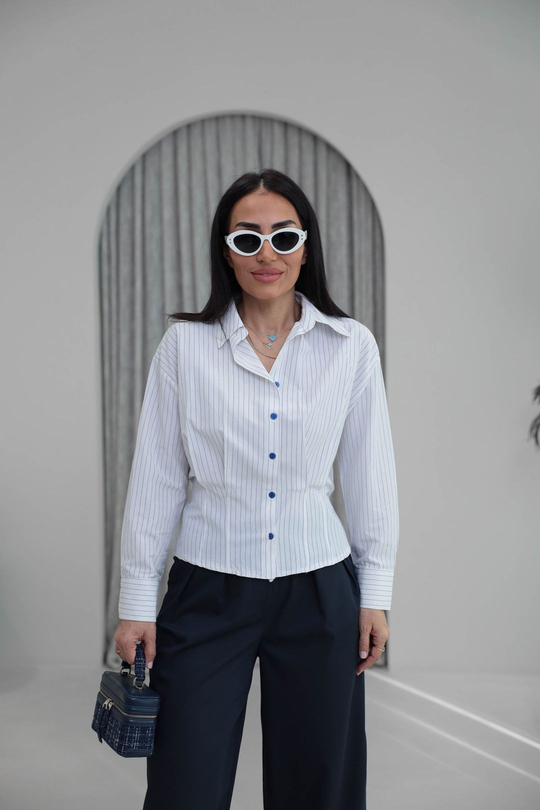 4531 Bel Pensli Çizgili Poplin Gömlek BEYAZ