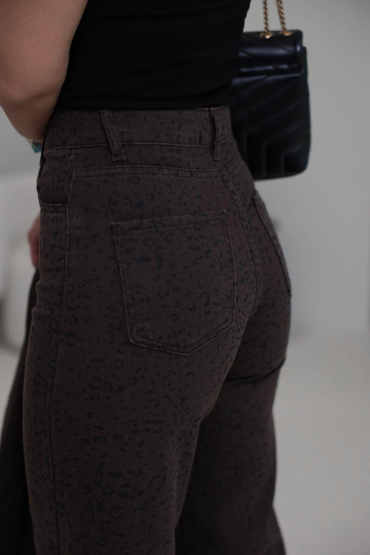 0248 Leopar Desen Düz Paça Jean Pantolon KAHVE