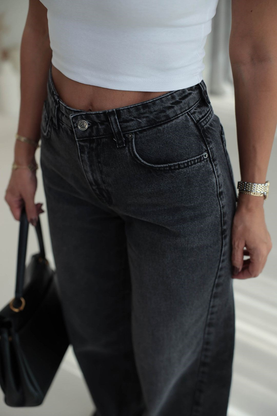 1020 Renk Yıkama Detaylı Wide Leg Denim Pantolon ANTRASİT