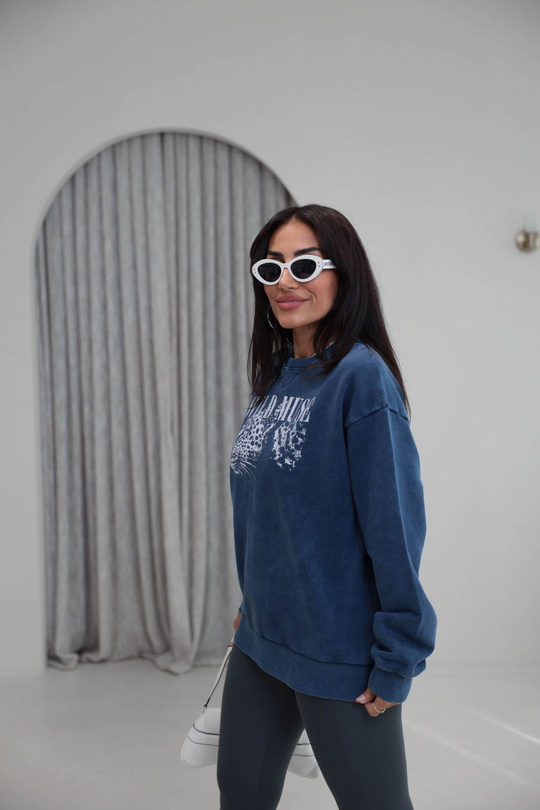 9106 Kaplan Baskılı Ribanalı İki İplik Sweatshirt LACİVERT
