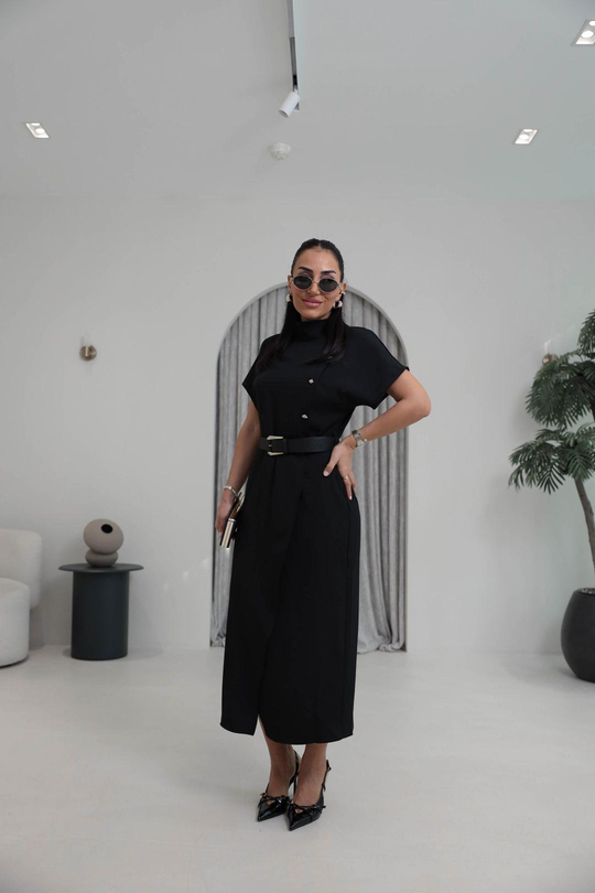 7045 Hakim Yaka Düğme Ve Kemerli Linda Elbise SİYAH