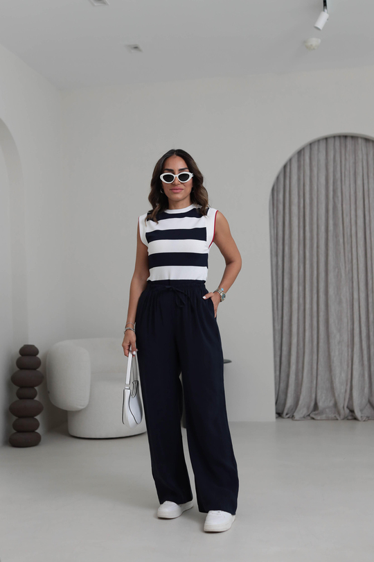 8002 Beli Lastikli Bağcıklı Tencel Pantolon LACİVERT